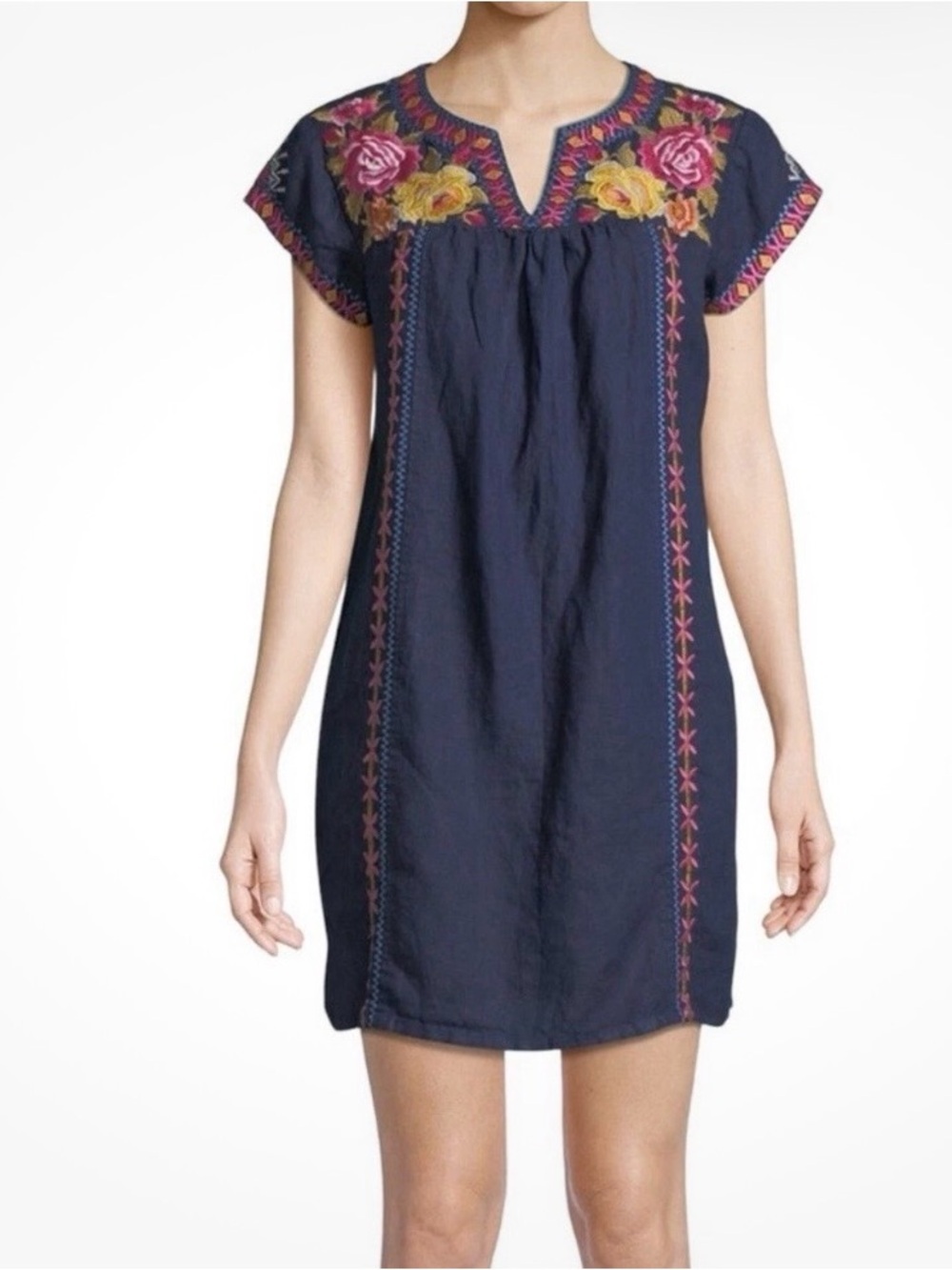 Johnny Was Vella Floral Embroidery Linen Dress XS Blue Summer Euro Vacation Chic